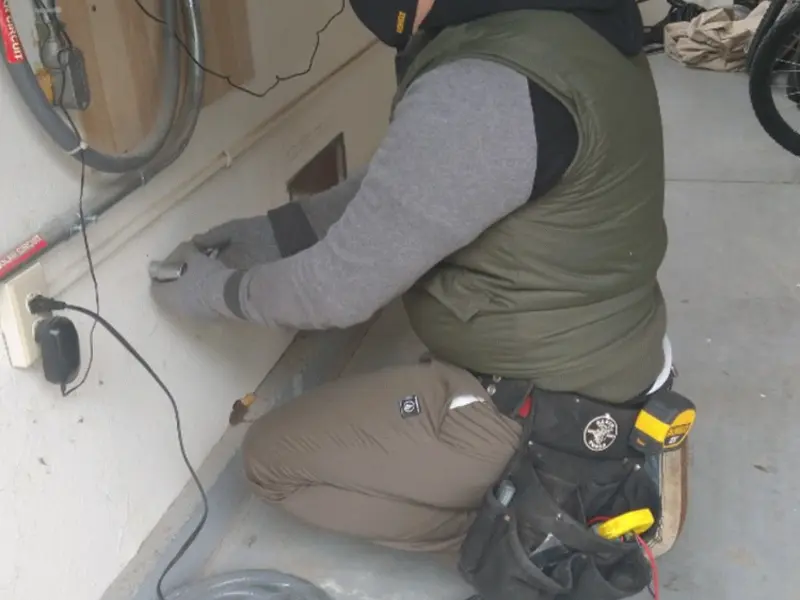 Electrician performing outlet wiring in a Benton Harbor garage